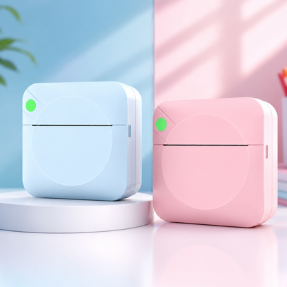Two small, square-shaped devices in light blue and pink on a white surface with a colorful background.